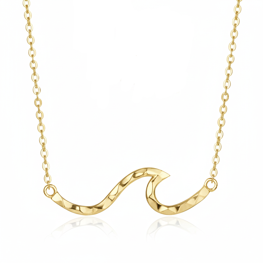 14K Yelllow Gold Plated 925 Sterling Silver Hammered Single Wave Necklace Pendant