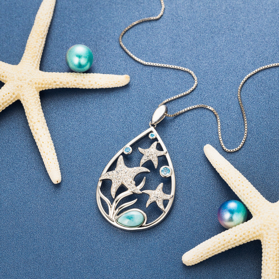 Sterling Silver Natural Larimar "Hawaiian Stars" Starfish Raindrop Pendant with Topaz Pave