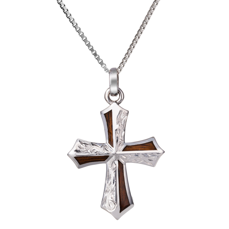 Sterling Silver Koa Wood Hawaiian Scroll Heirloom Cross Necklace Pendant