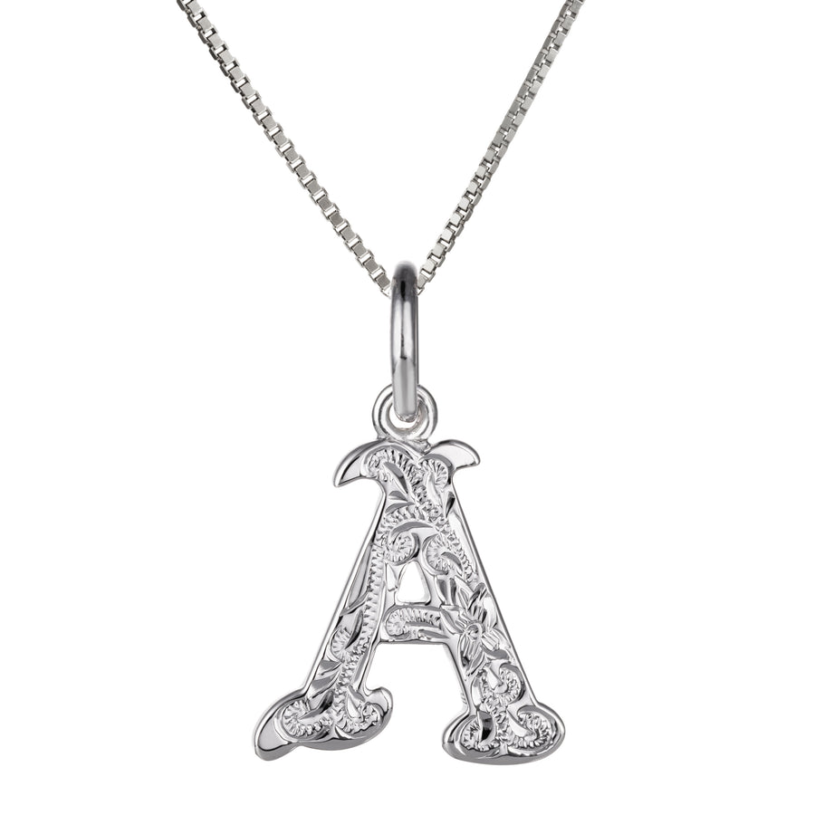 925 Sterling Silver Hawaiian Heirloom Scroll ABC Letter Initials Pendant with 18" Box Chain