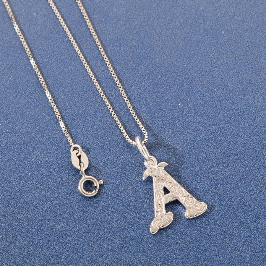 925 Sterling Silver Hawaiian Heirloom Scroll ABC Letter Initials Pendant with 18" Box Chain