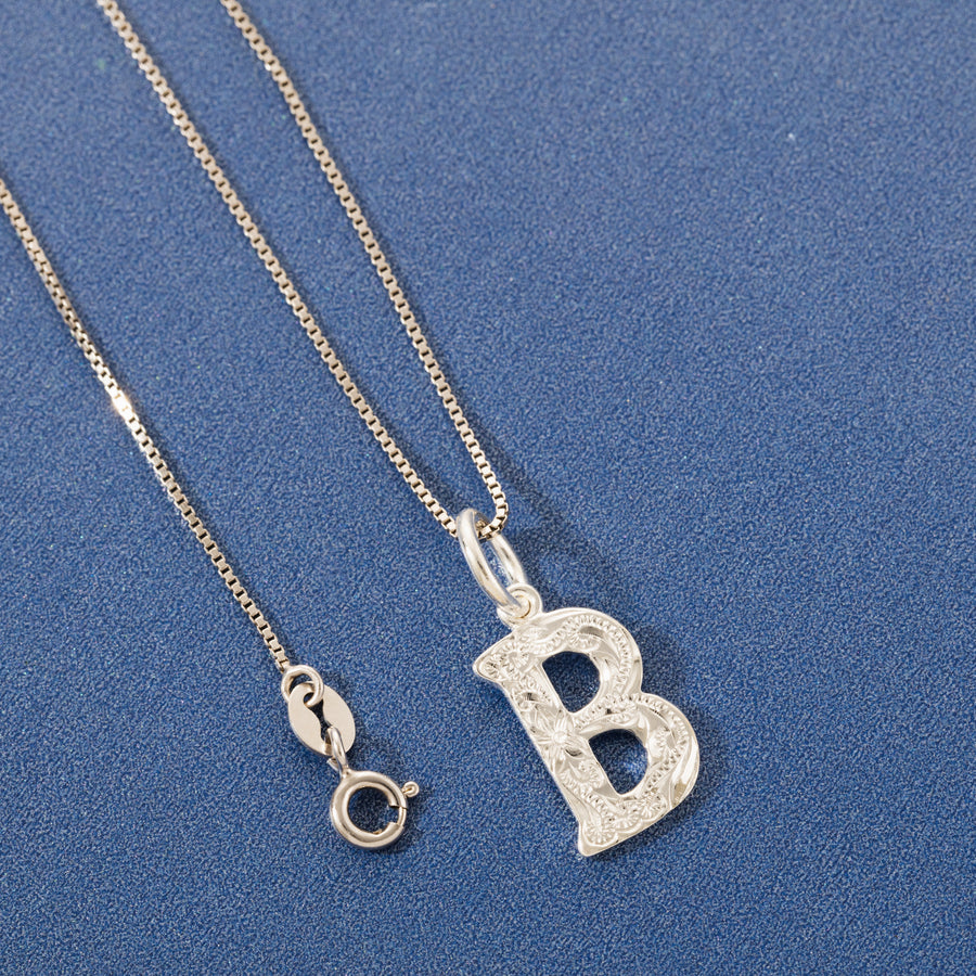 925 Sterling Silver Hawaiian Heirloom Scroll ABC Letter Initials Pendant with 18" Box Chain