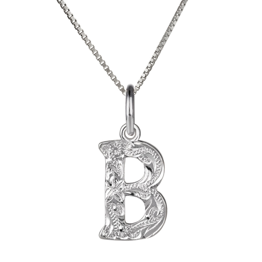 925 Sterling Silver Hawaiian Heirloom Scroll ABC Letter Initials Pendant with 18" Box Chain