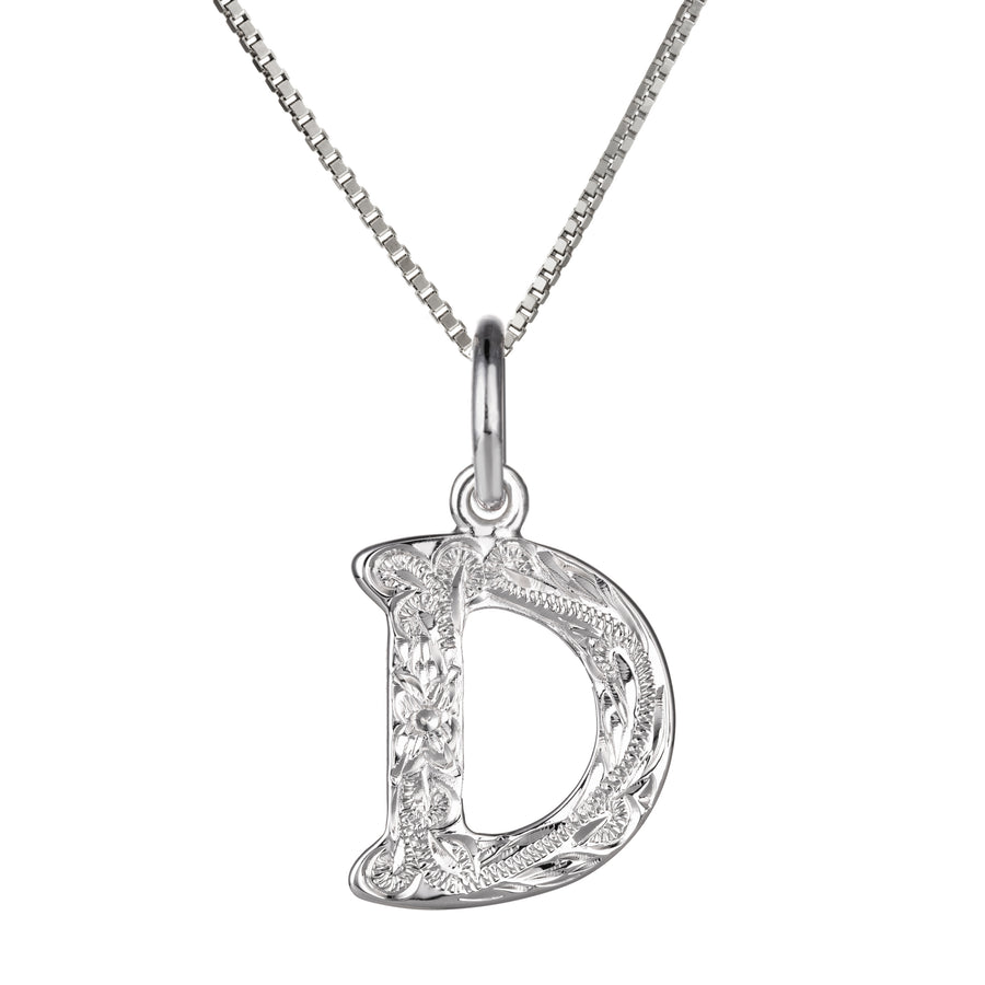 925 Sterling Silver Hawaiian Heirloom Scroll ABC Letter Initials Pendant with 18" Box Chain