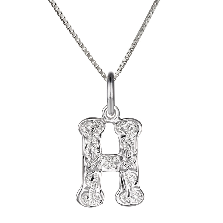 925 Sterling Silver Hawaiian Heirloom Scroll ABC Letter Initials Pendant with 18" Box Chain