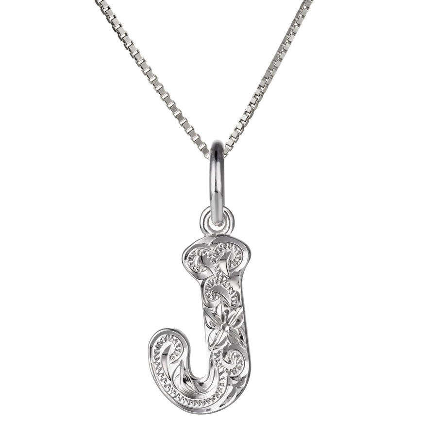 925 Sterling Silver Hawaiian Heirloom Scroll ABC Letter Initials Pendant with 18" Box Chain