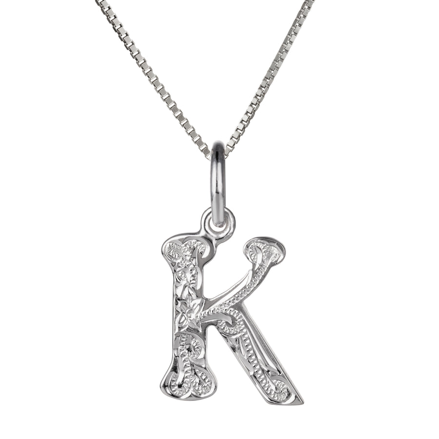 925 Sterling Silver Hawaiian Heirloom Scroll ABC Letter Initials Pendant with 18" Box Chain