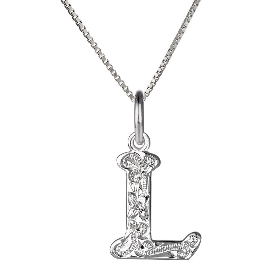 925 Sterling Silver Hawaiian Heirloom Scroll ABC Letter Initials Pendant with 18" Box Chain