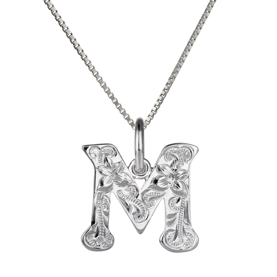 925 Sterling Silver Hawaiian Heirloom Scroll ABC Letter Initials Pendant with 18" Box Chain