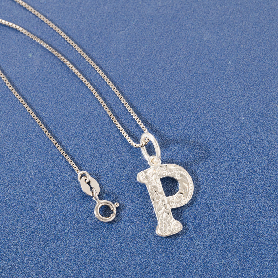 925 Sterling Silver Hawaiian Heirloom Scroll ABC Letter Initials Pendant with 18" Box Chain