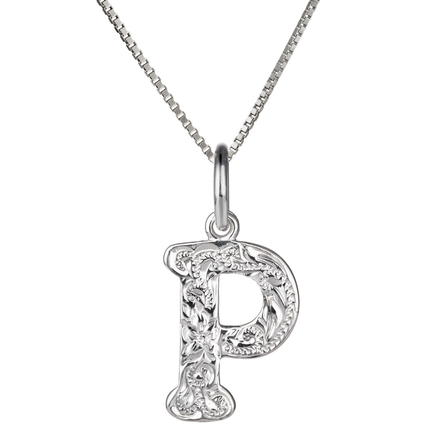 925 Sterling Silver Hawaiian Heirloom Scroll ABC Letter Initials Pendant with 18" Box Chain