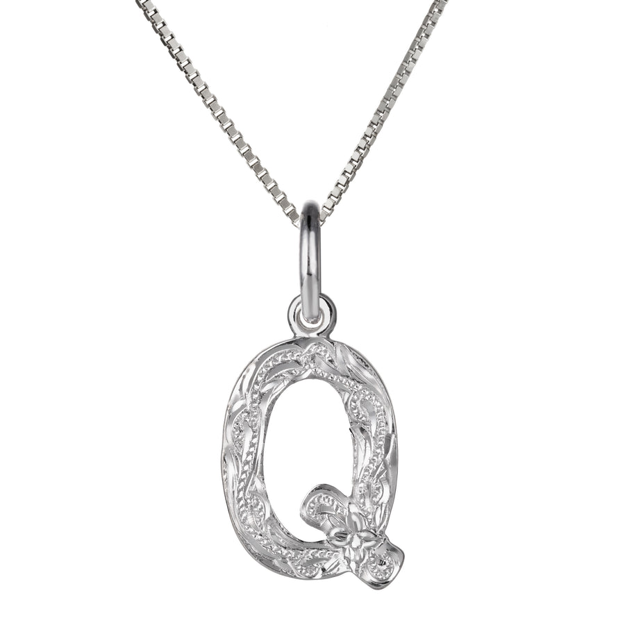 925 Sterling Silver Hawaiian Heirloom Scroll ABC Letter Initials Pendant with 18" Box Chain