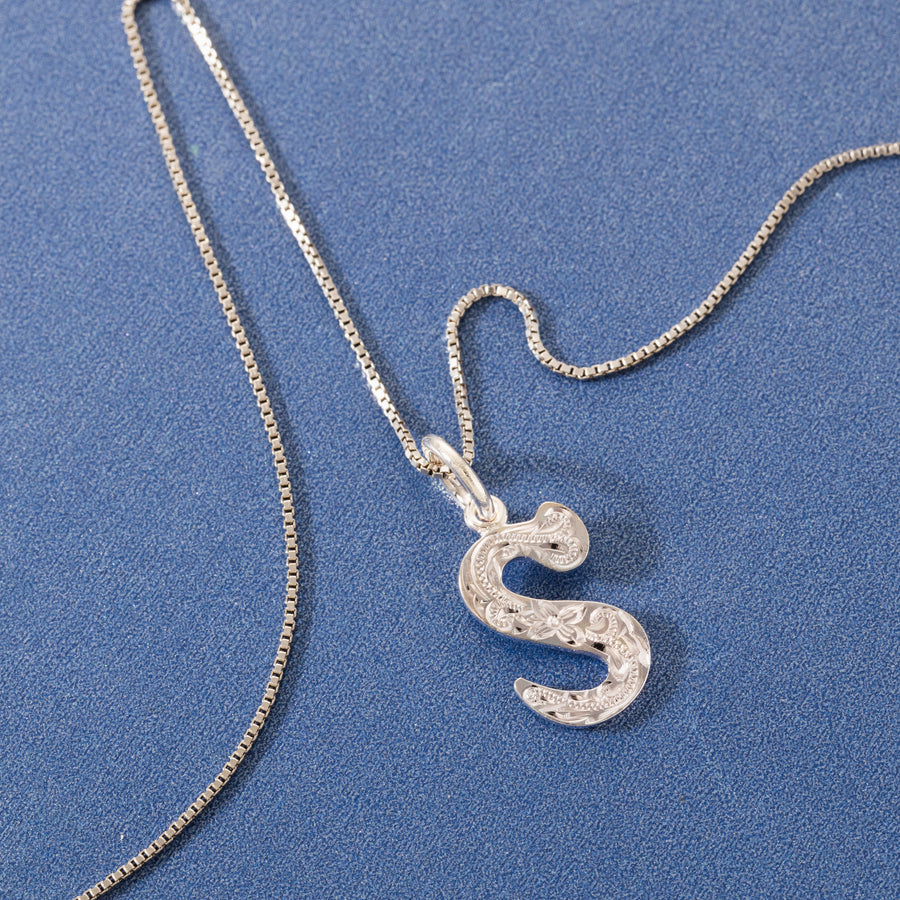 925 Sterling Silver Hawaiian Heirloom Scroll ABC Letter Initials Pendant with 18" Box Chain