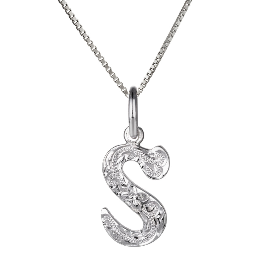 925 Sterling Silver Hawaiian Heirloom Scroll ABC Letter Initials Pendant with 18" Box Chain