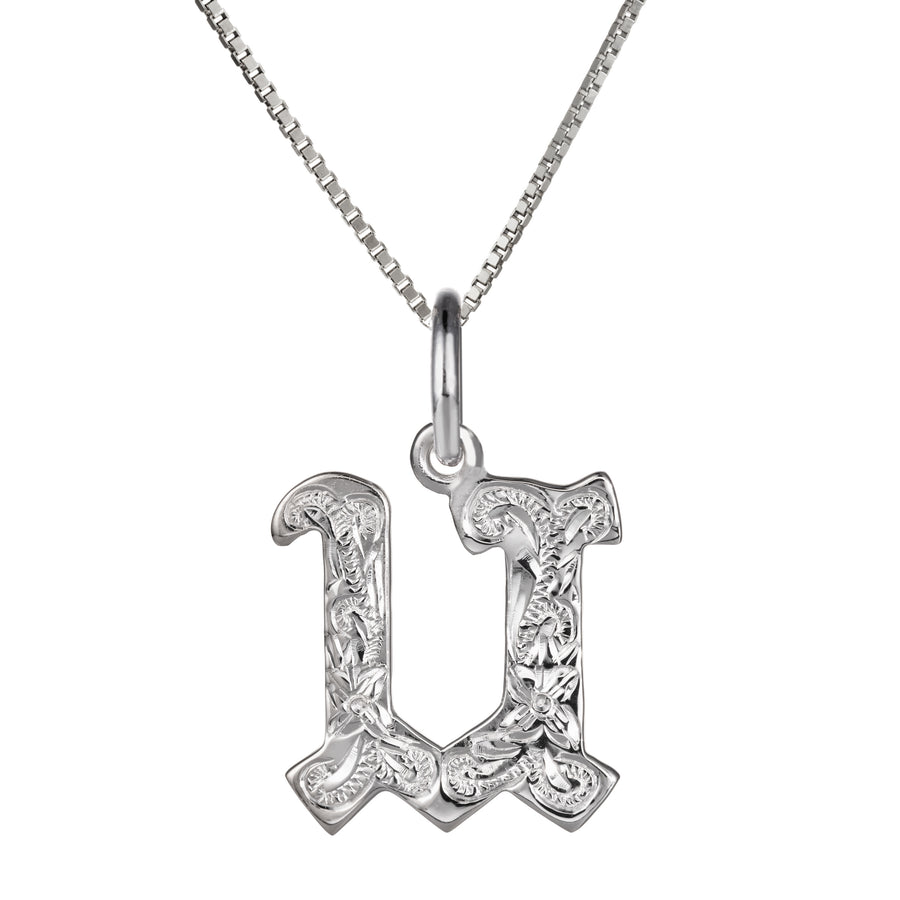 925 Sterling Silver Hawaiian Heirloom Scroll ABC Letter Initials Pendant with 18" Box Chain