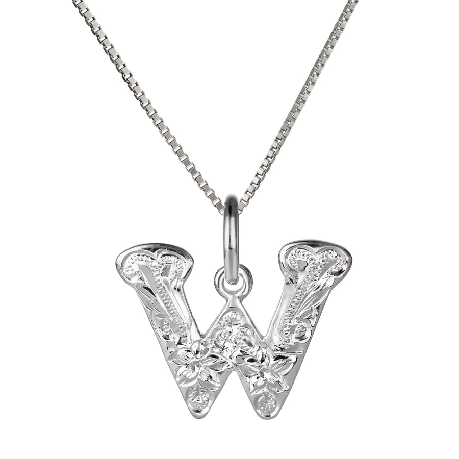 925 Sterling Silver Hawaiian Heirloom Scroll ABC Letter Initials Pendant with 18" Box Chain