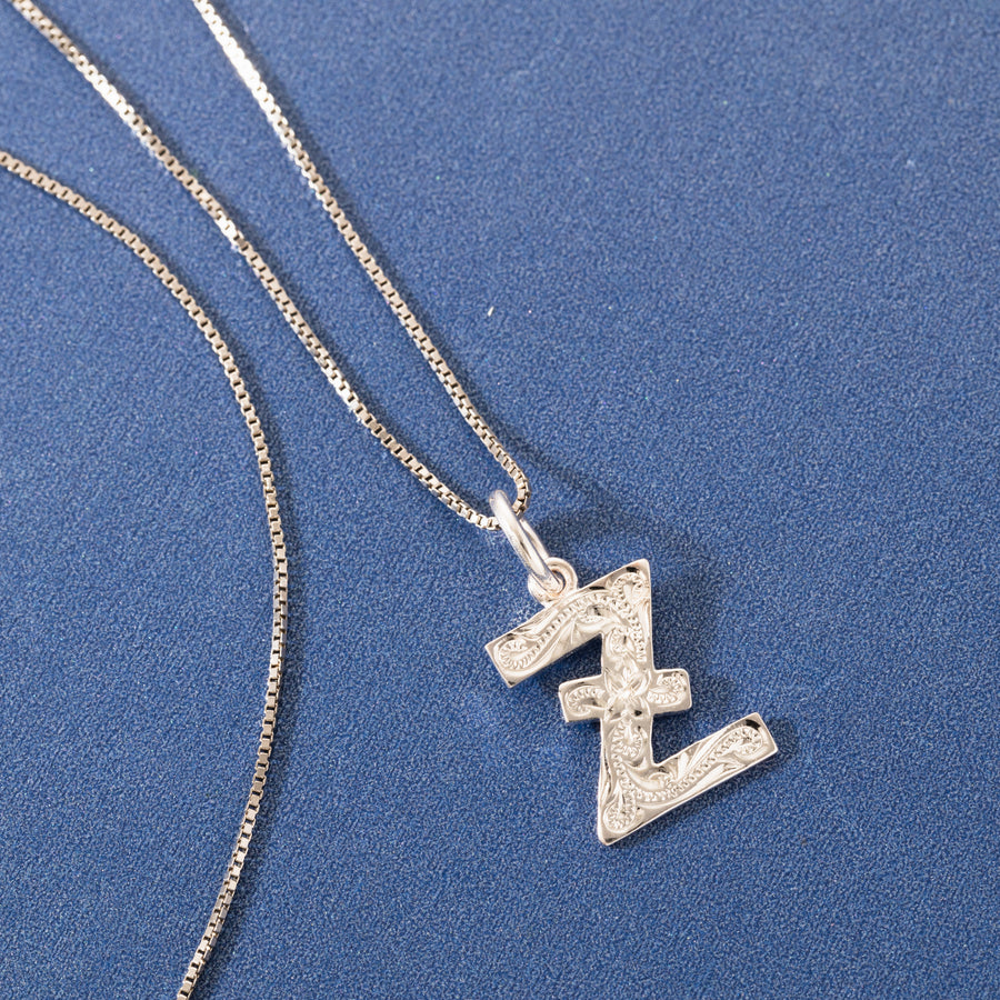 925 Sterling Silver Hawaiian Heirloom Scroll ABC Letter Initials Pendant with 18" Box Chain