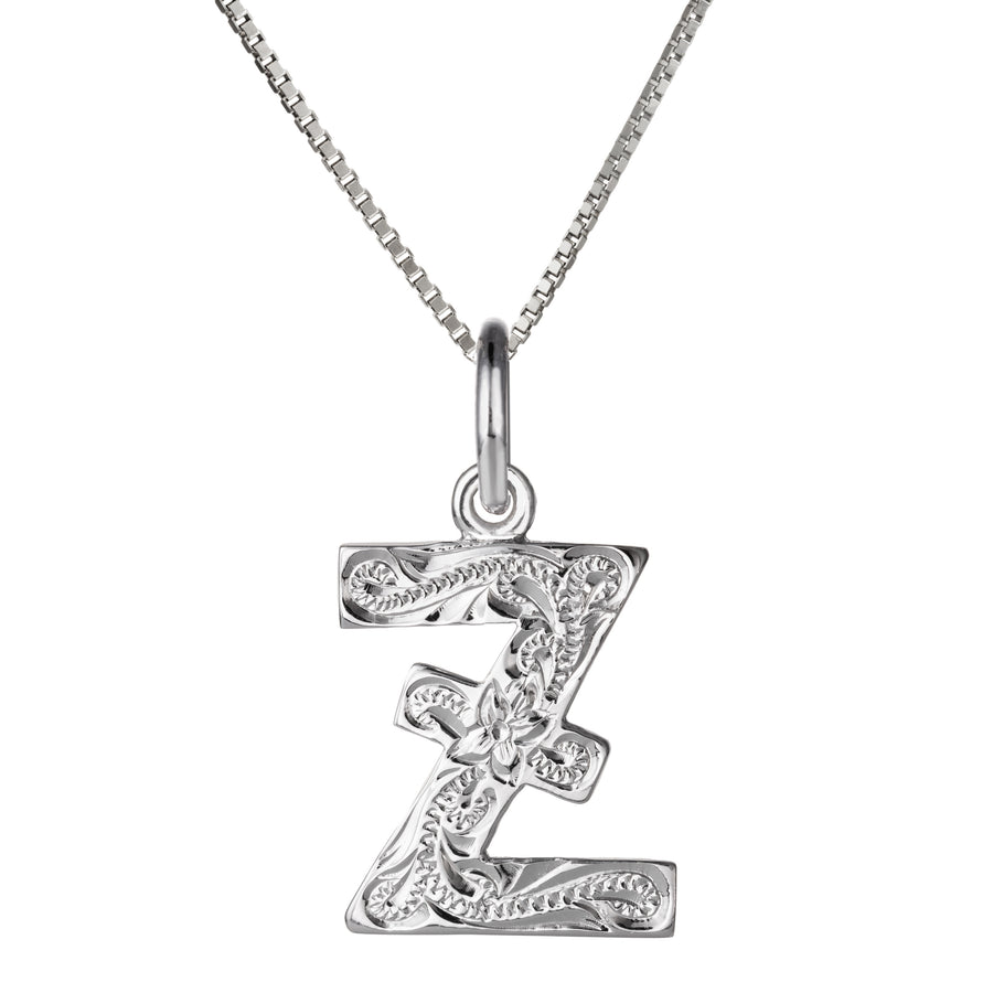 925 Sterling Silver Hawaiian Heirloom Scroll ABC Letter Initials Pendant with 18" Box Chain