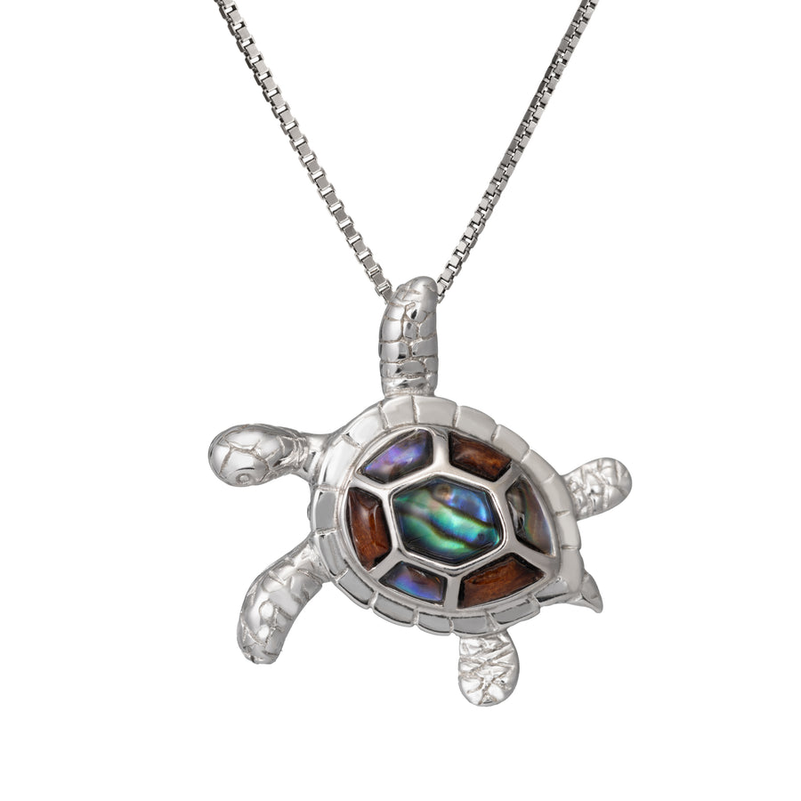 Sterling Silver Koa Wood and Abalone Shell Hawaiian Mauka to Makai 3D Turtle Pendant