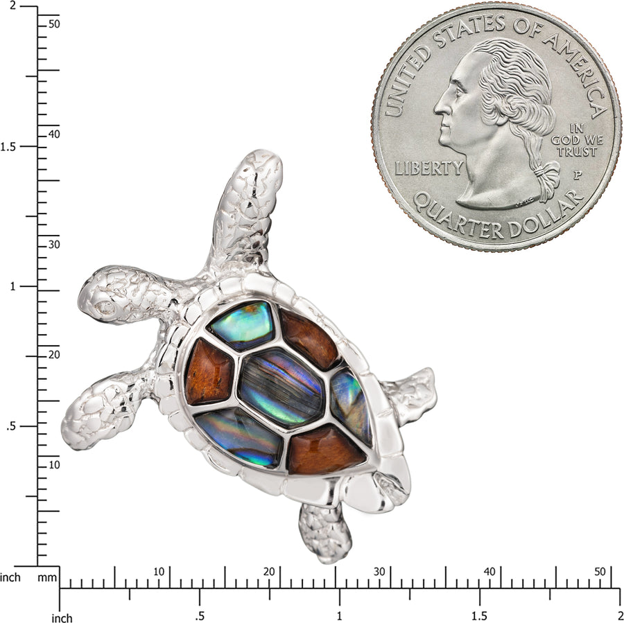 Sterling Silver Koa Wood and Abalone Shell Hawaiian Mauka to Makai 3D Turtle Pendant