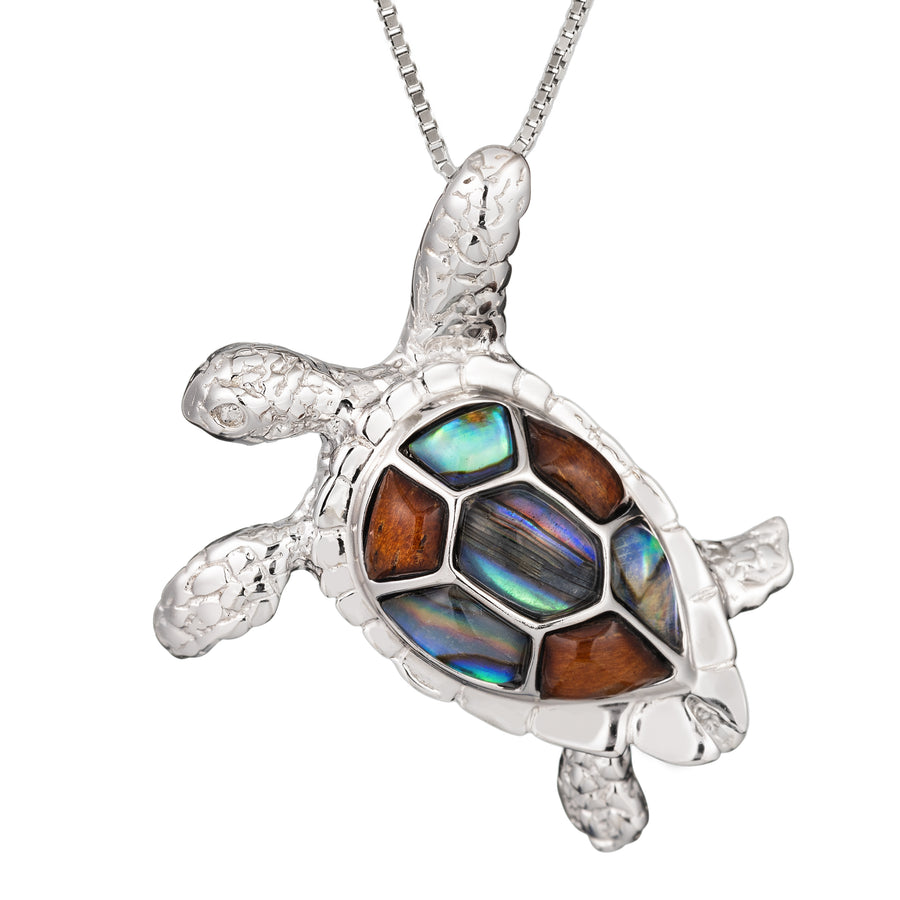 Sterling Silver Koa Wood and Abalone Shell Hawaiian Mauka to Makai 3D Turtle Pendant