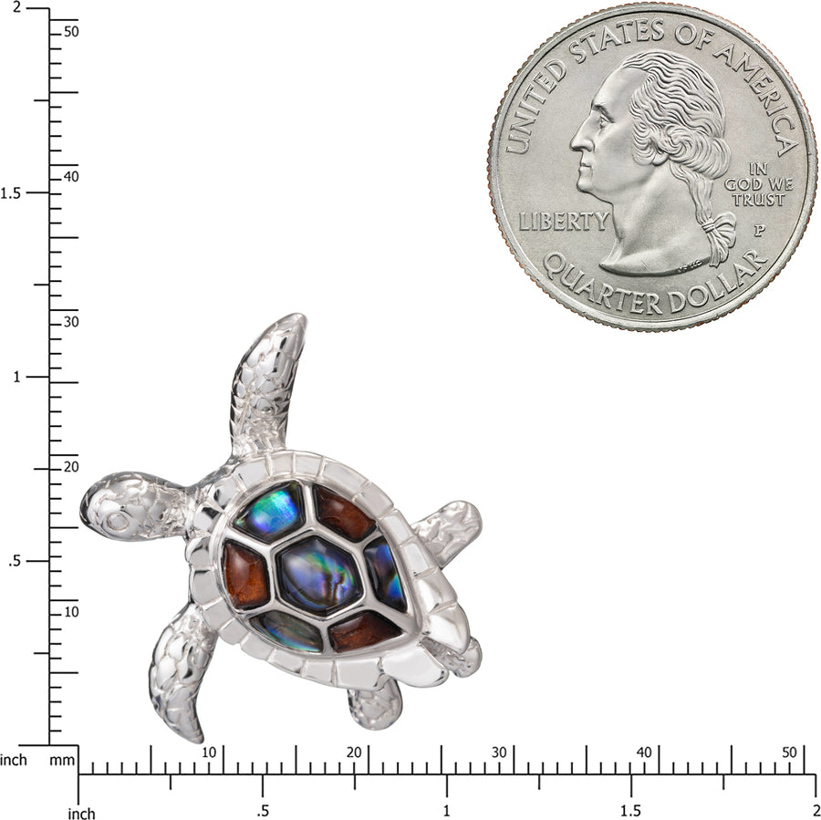 Sterling Silver Koa Wood and Abalone Shell Hawaiian Mauka to Makai 3D Turtle Pendant