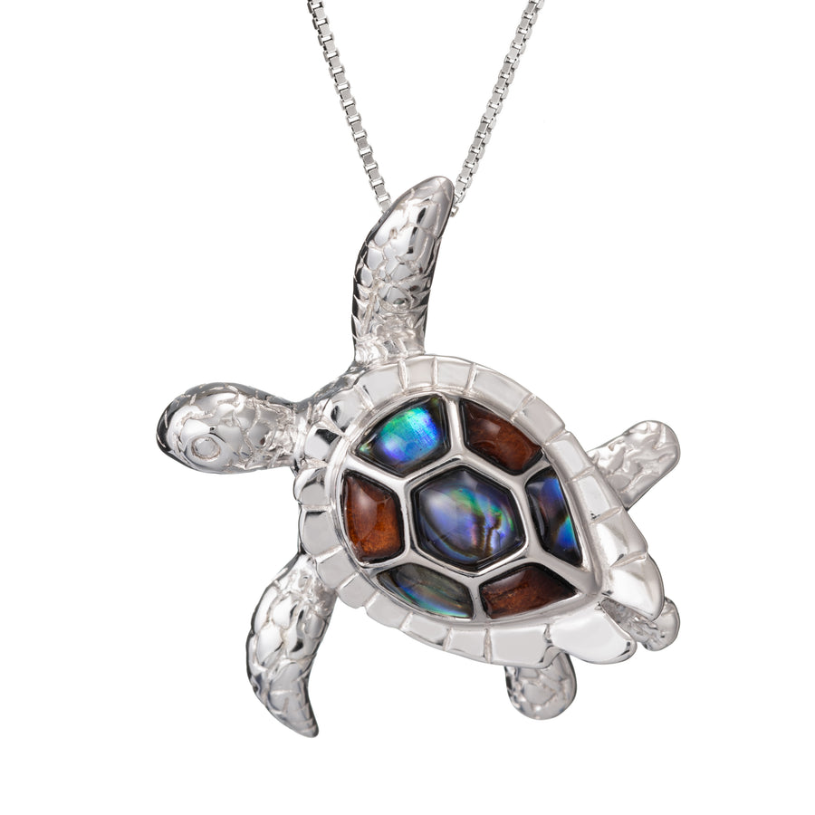 Sterling Silver Koa Wood and Abalone Shell Hawaiian Mauka to Makai 3D Turtle Pendant