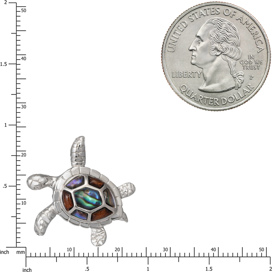 Sterling Silver Koa Wood and Abalone Shell Hawaiian Mauka to Makai 3D Turtle Pendant