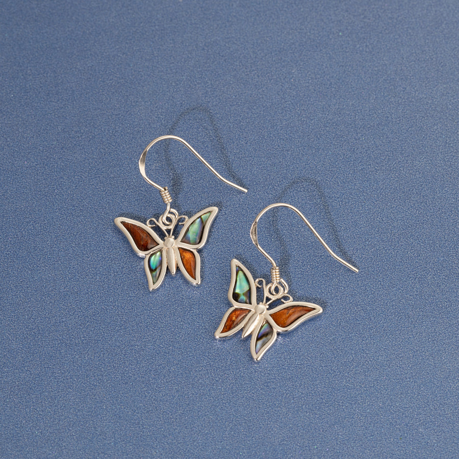 Sterling Silver Koa Wood and Abalone Shell Hawaiian Mauka to Makai Butterfly Dangle Hook Earrings