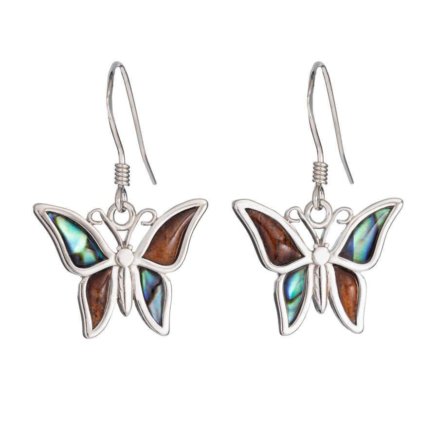 Sterling Silver Koa Wood and Abalone Shell Hawaiian Mauka to Makai Butterfly Dangle Hook Earrings