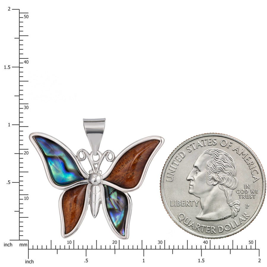 Sterling Silver Koa Wood and Abalone Shell Hawaiian Mauka to Makai Butterfly Pendant