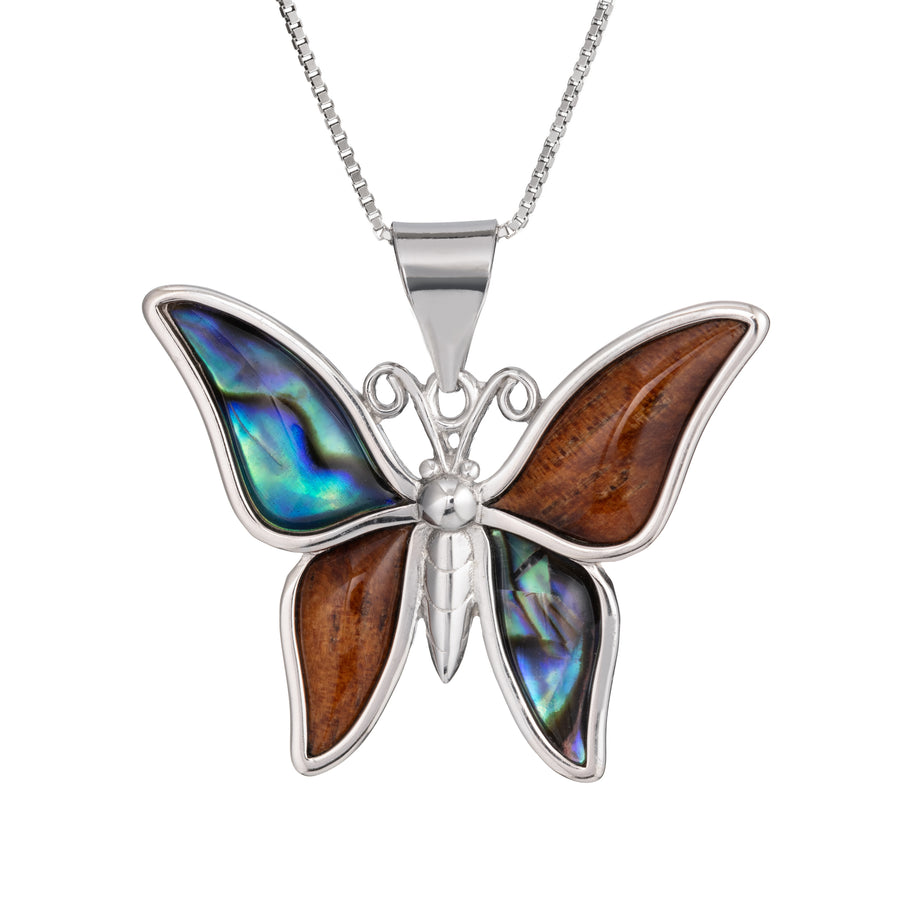 Sterling Silver Koa Wood and Abalone Shell Hawaiian Mauka to Makai Butterfly Pendant