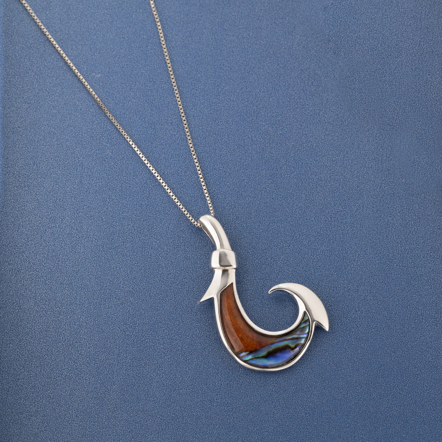 Sterling Silver Koa Wood and Abalone Shell Hawaiian Mauka to Makai Crescent Fish Hook Pendant