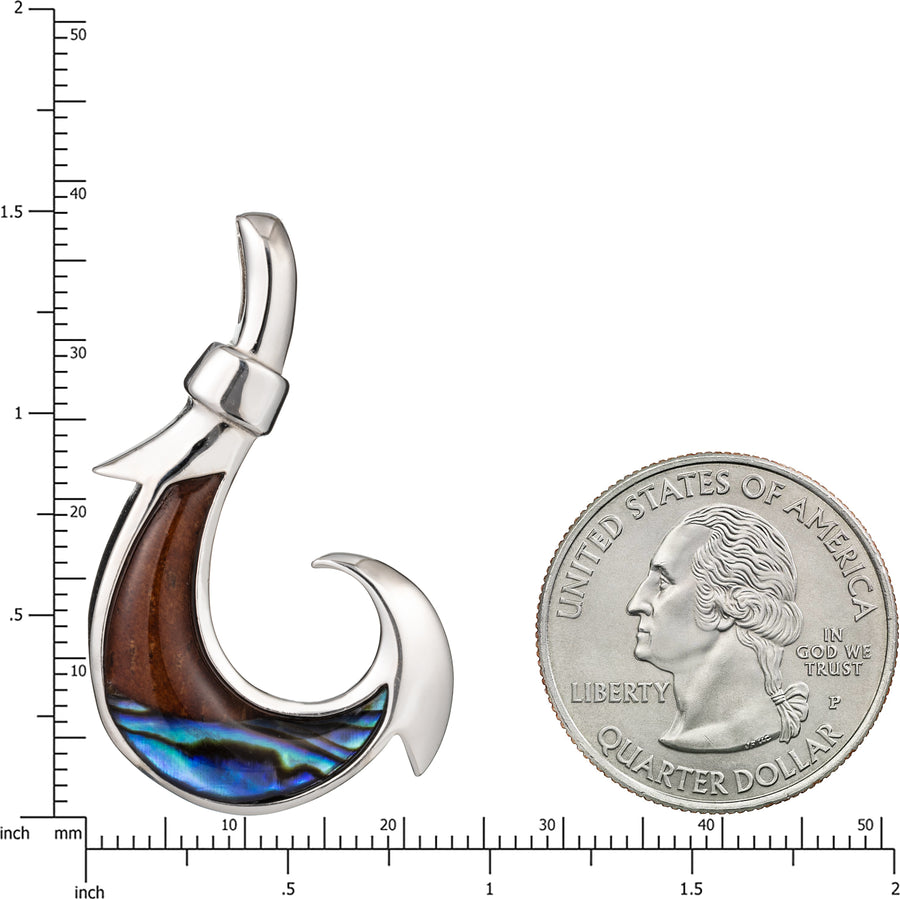 Sterling Silver Koa Wood and Abalone Shell Hawaiian Mauka to Makai Crescent Fish Hook Pendant