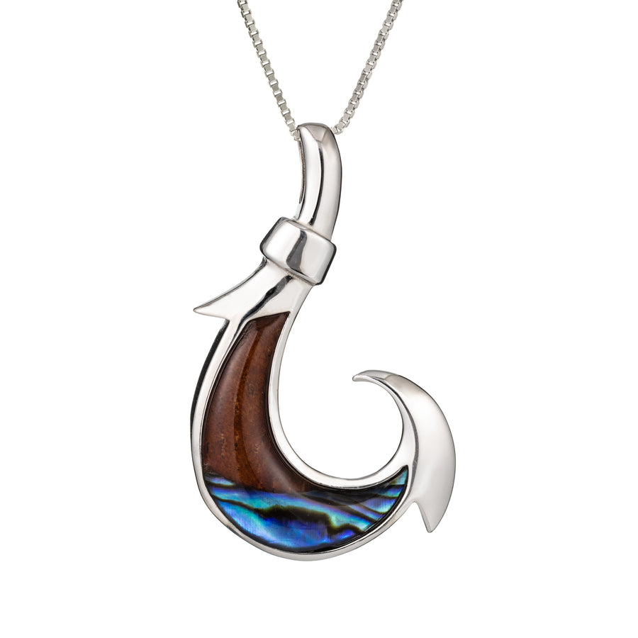 Sterling Silver Koa Wood and Abalone Shell Hawaiian Mauka to Makai Crescent Fish Hook Pendant