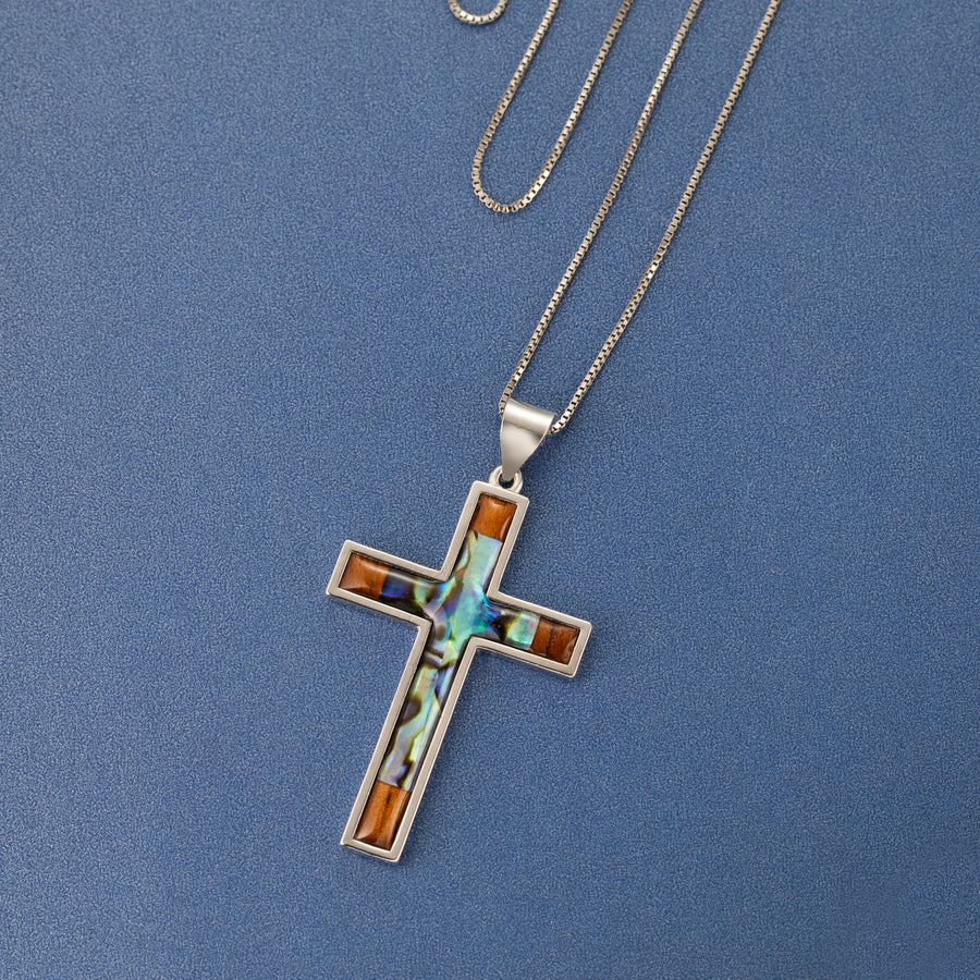 Sterling Silver Koa Wood and Abalone Shell Hawaiian Mauka to Makai Crucifix Cross Pendant