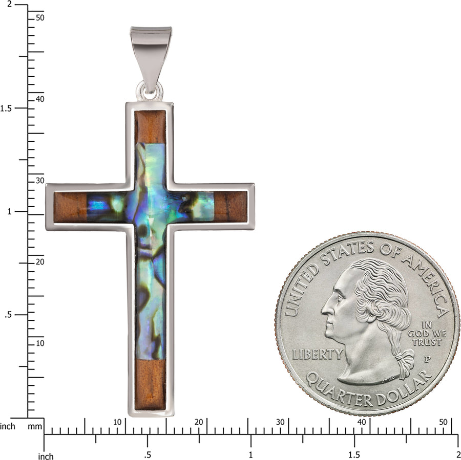 Sterling Silver Koa Wood and Abalone Shell Hawaiian Mauka to Makai Crucifix Cross Pendant