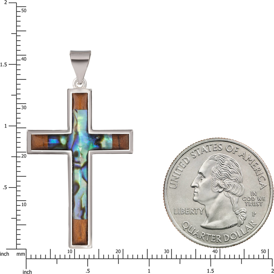 Sterling Silver Koa Wood and Abalone Shell Hawaiian Mauka to Makai Crucifix Cross Pendant