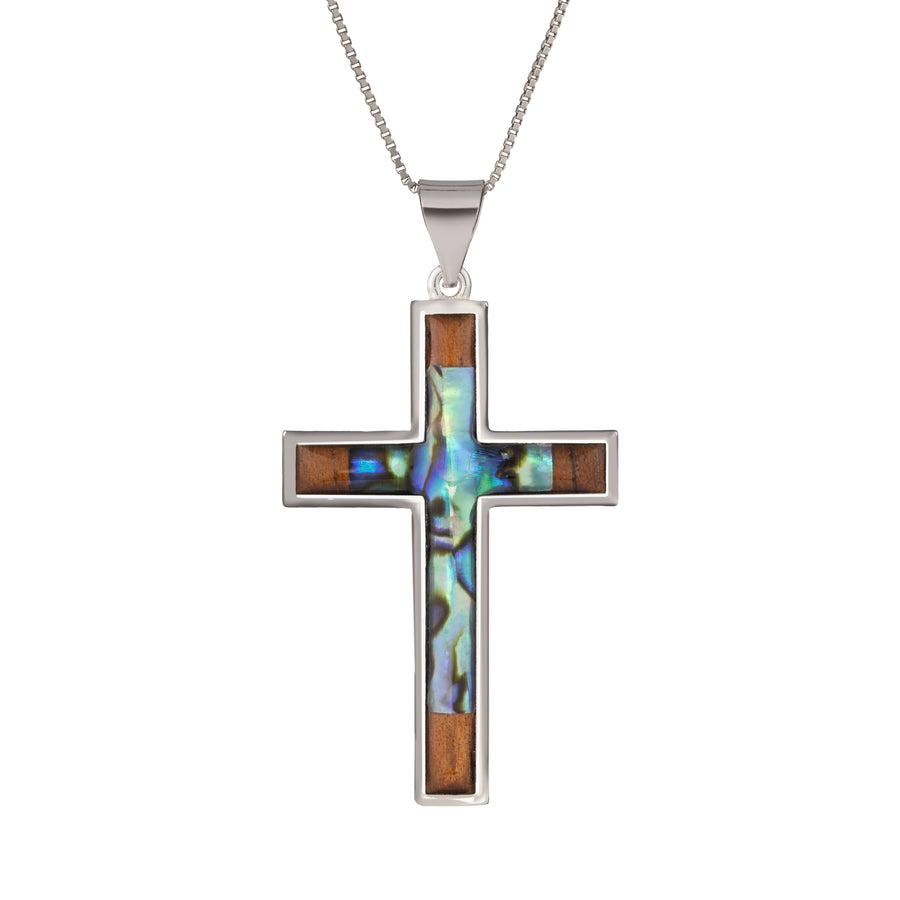 Sterling Silver Koa Wood and Abalone Shell Hawaiian Mauka to Makai Crucifix Cross Pendant