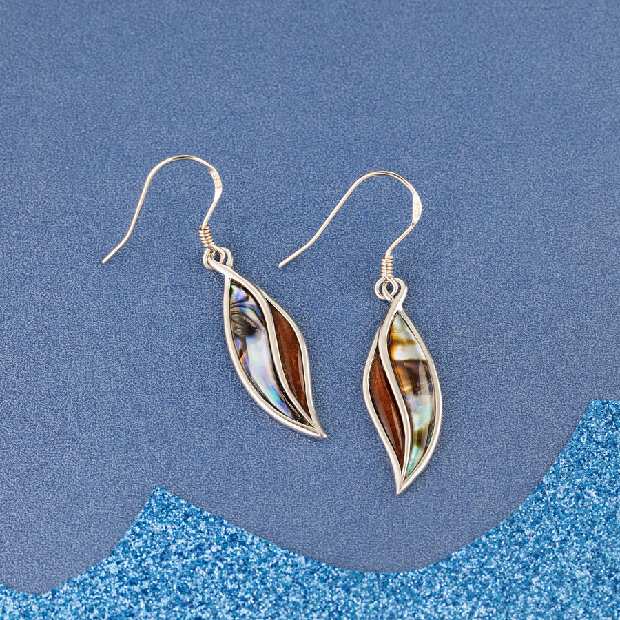 Sterling Silver Koa Wood and Abalone Shell Hawaiian Mauka to Makai Maile Leaf Dangle Hook Earrings