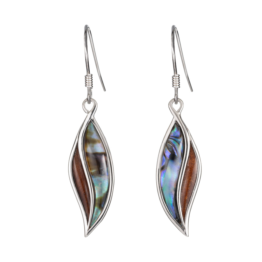 Sterling Silver Koa Wood and Abalone Shell Hawaiian Mauka to Makai Maile Leaf Dangle Hook Earrings