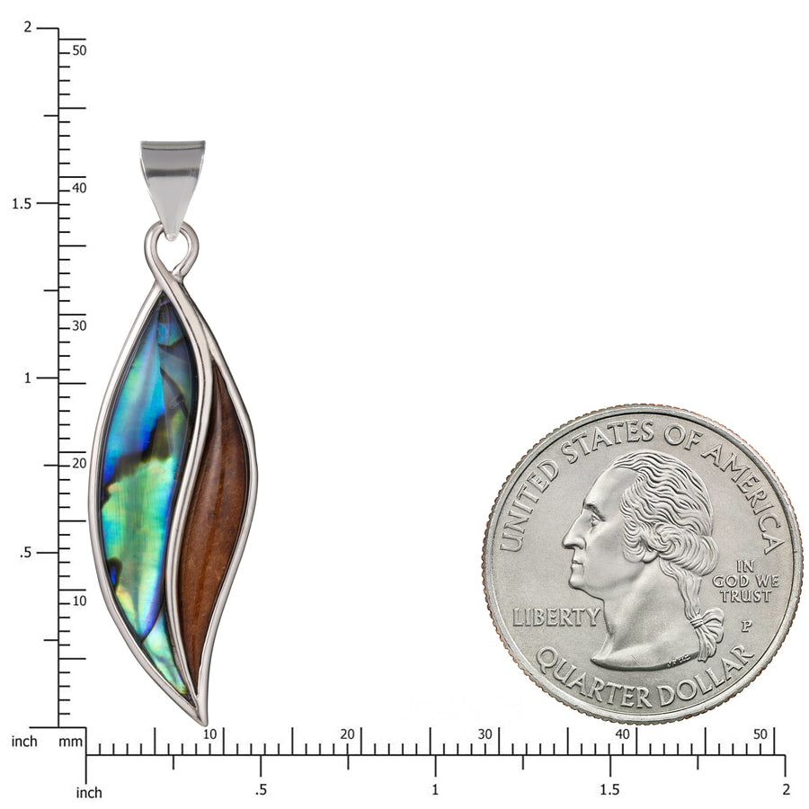 Sterling Silver Koa Wood and Abalone Shell Hawaiian Mauka to Makai Maile Leaf Pendant