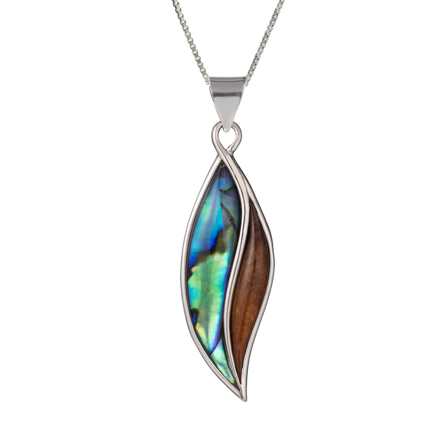 Sterling Silver Koa Wood and Abalone Shell Hawaiian Mauka to Makai Maile Leaf Pendant