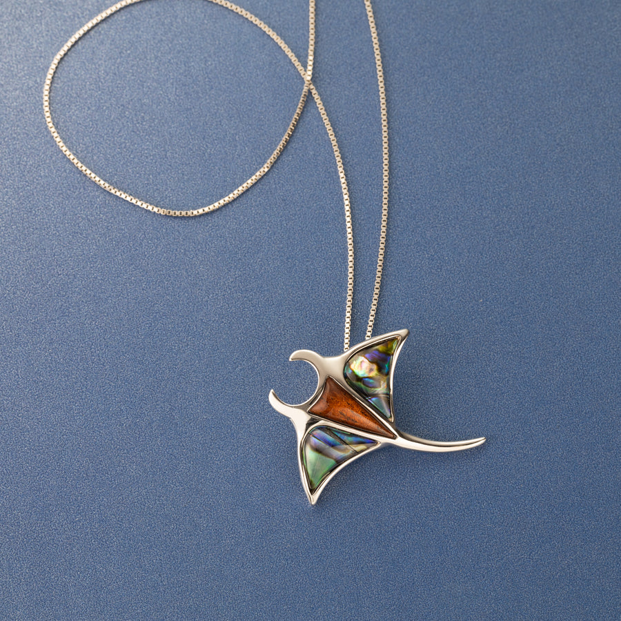 Sterling Silver Koa Wood and Abalone Shell Hawaiian Mauka to Makai Manta Ray Pendant