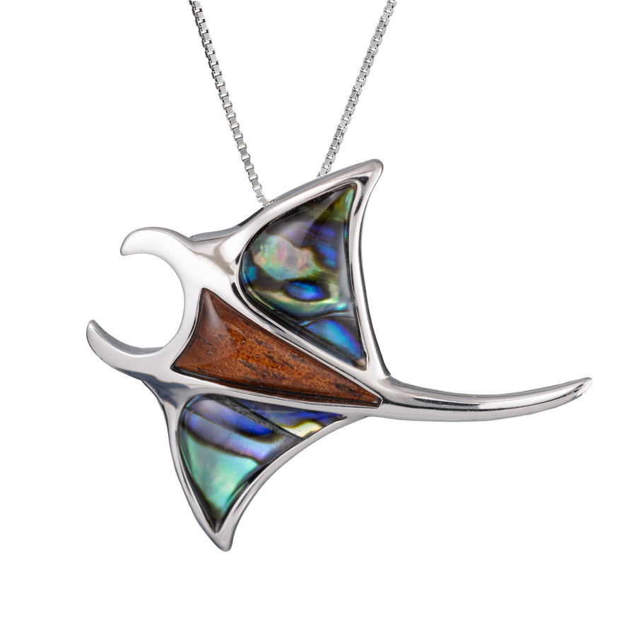 Sterling Silver Koa Wood and Abalone Shell Hawaiian Mauka to Makai Manta Ray Pendant