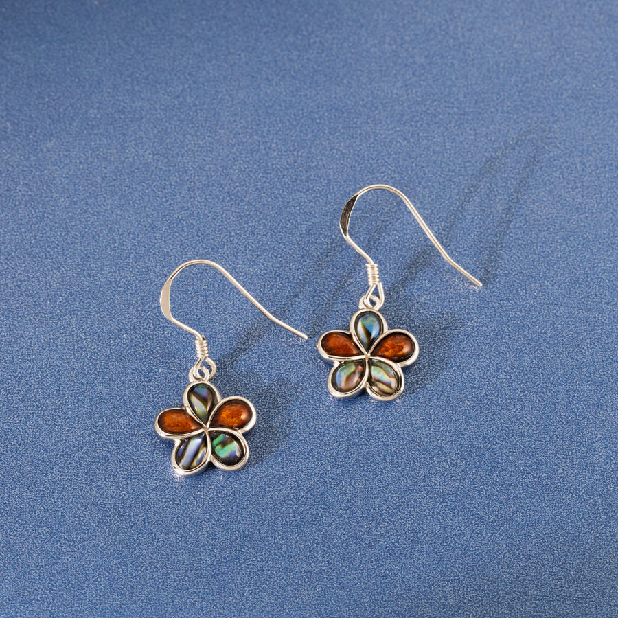 Sterling Silver Koa Wood and Abalone Shell Hawaiian Mauka to Makai Plumeria Flower Dangle Hook Earrings