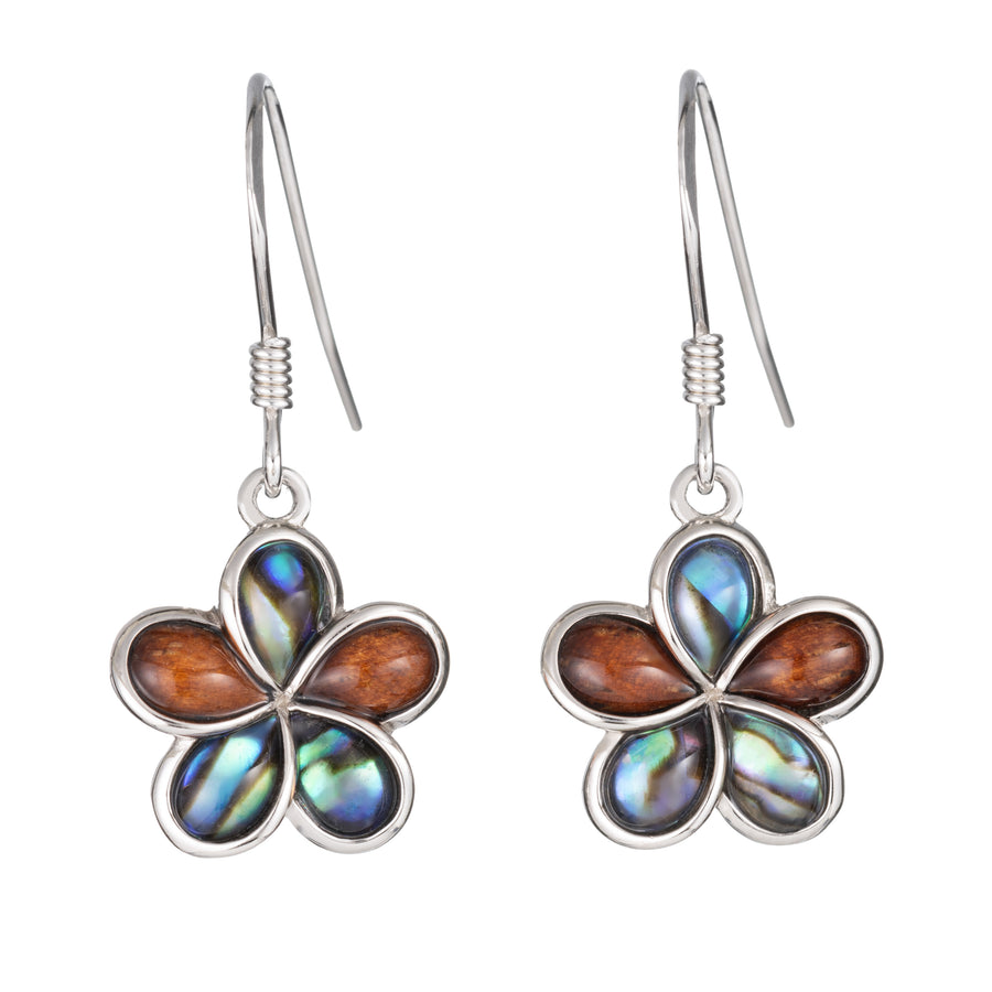 Sterling Silver Koa Wood and Abalone Shell Hawaiian Mauka to Makai Plumeria Flower Dangle Hook Earrings