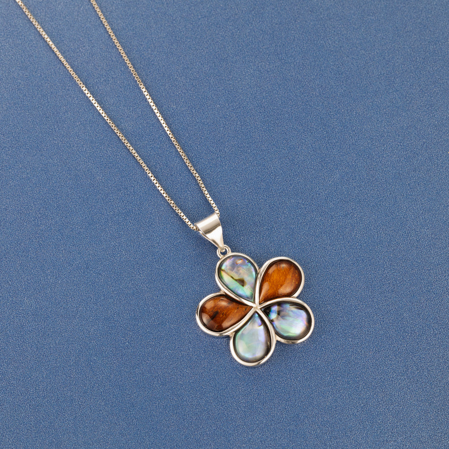 Sterling Silver Koa Wood and Abalone Shell Hawaiian Mauka to Makai Plumeria Flower Pendant