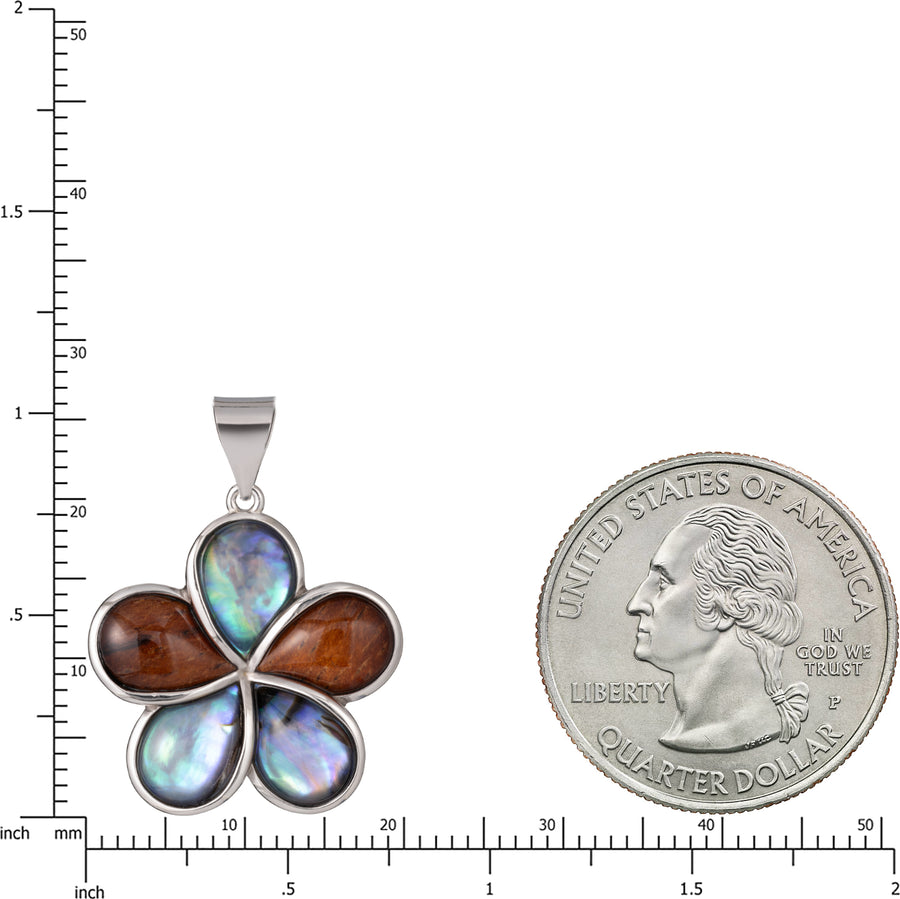 Sterling Silver Koa Wood and Abalone Shell Hawaiian Mauka to Makai Plumeria Flower Pendant