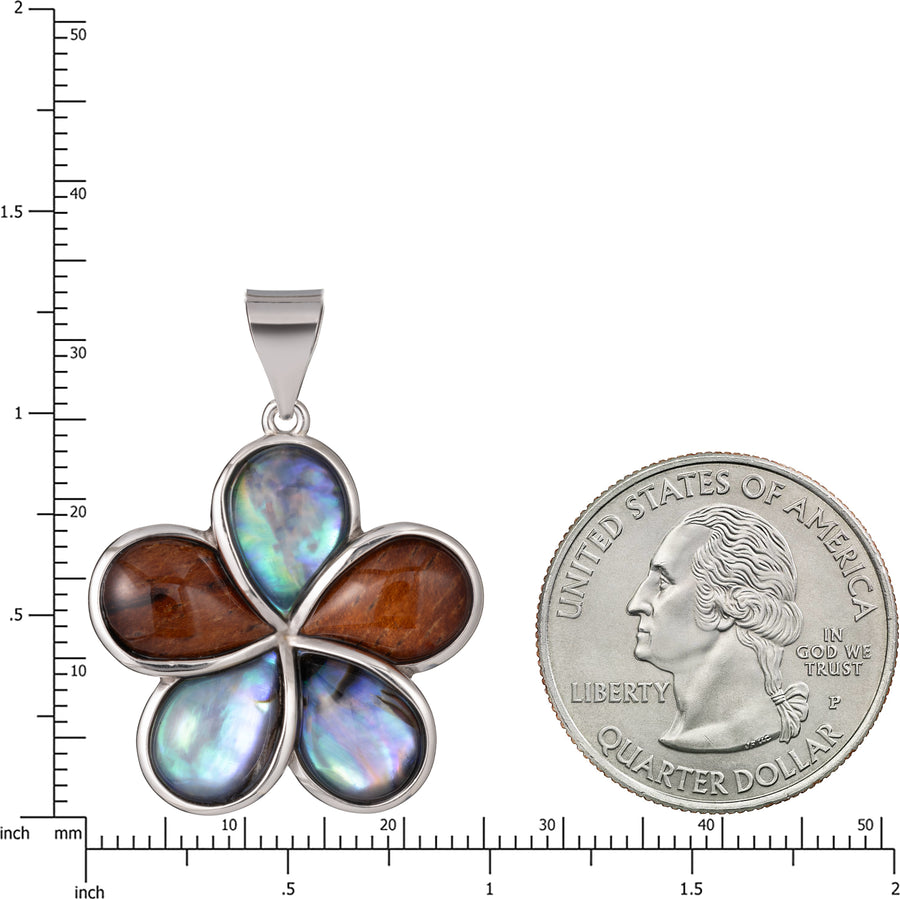 Sterling Silver Koa Wood and Abalone Shell Hawaiian Mauka to Makai Plumeria Flower Pendant